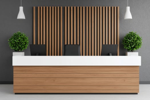 Modern Reception Desk Contemporary Office Interior Design. Clean lines, elegant wood, and minimalist aesthetic create a profession photo