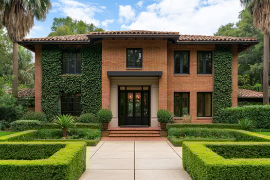 Magnificent Brick House with Lush Greenery A Stunning Architectural Masterpiece. This exquisite property boasts a classic design, photo