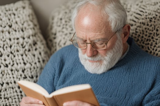 A Serene Senior An Elderly Gentleman Finds Solace and Enjoyment in Reading a Book at Home. A Captivating Image Showcasing the Peac photo