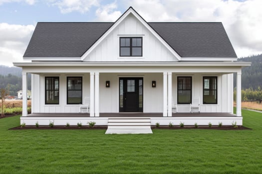 Modern Farmhouse Exterior White House with Black Windows and Porch. Stunning Dream Home Design, perfect for families seeking a lux photo