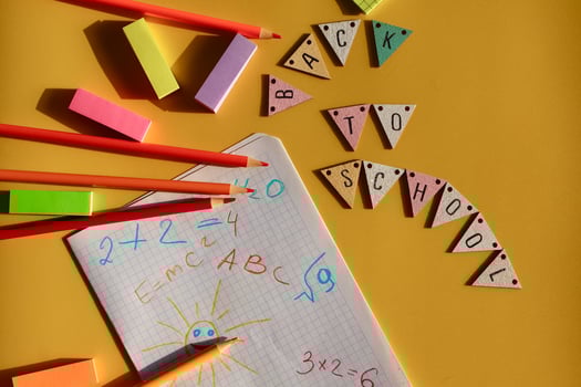 Back-to-school composition with pencils, sticky notes, and a math notebook on yellow background. Wooden bunting spells BACK TO SCHOOL colorful and fun. photo