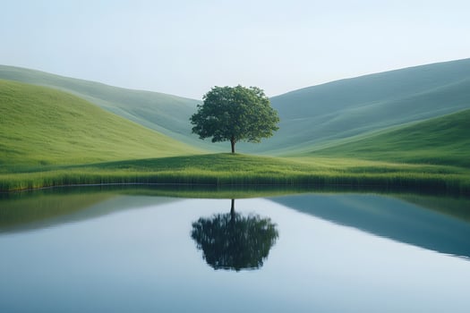 Serene tree reflected in calm water surrounded by rolling green hills a tranquil landscape photo