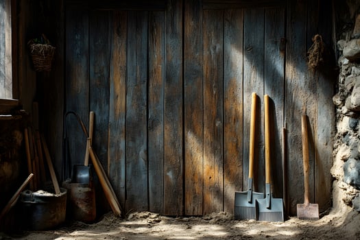 Rustic shed gardening tools wooden wall sunlit scene photo