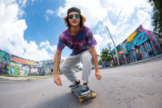 Young Skater Riding Skateboard on Graffiti Street, Summer Vibes, Urban Lifestyle, Active and Trendy, Outdoor Fun, Extreme Sports, photo