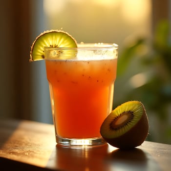 Preparing Refreshing Kiwi Drink with Fruit Slice and Golden Light photo