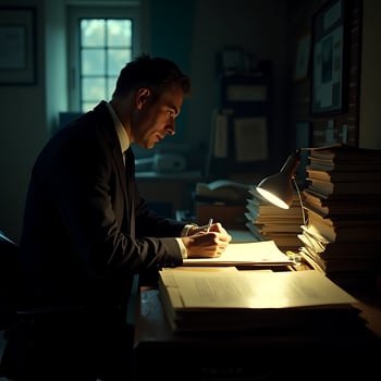 Man Writing at Desk Under Lamp Late at Night Studying photo