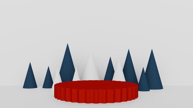 A red cake surrounded by blue and white cones photo