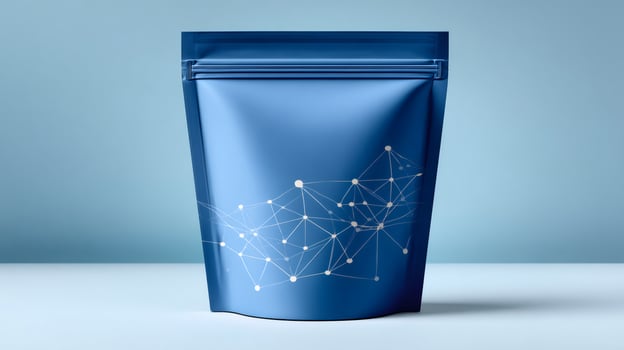 Blue doypack packaging with zipper and molecular pattern standing on light blue background photo