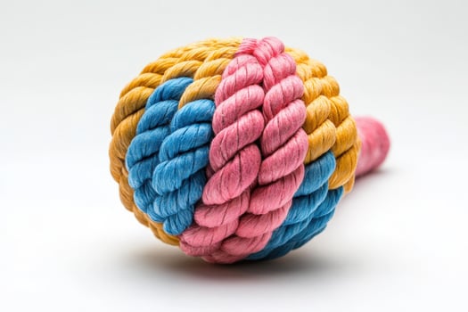 A colorful rope ball with a blue, yellow and pink color photo
