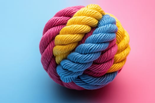 A ball of yarn with two colors on a blue and pink background photo