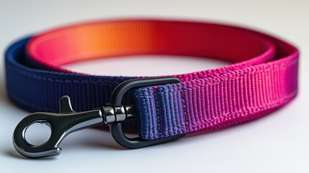A colorful dog leash with a metal buckle photo