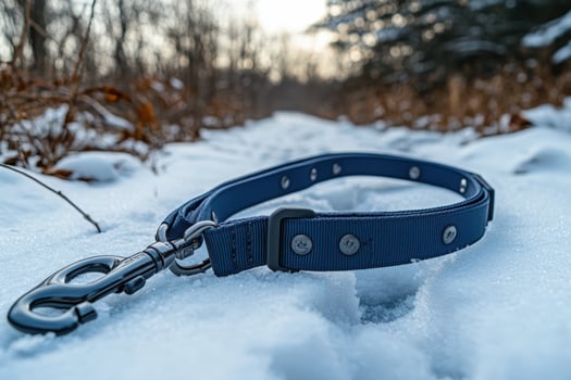 A blue dog collar laying in the snow photo