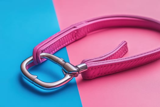 A pink leather dog collar with a metal ring photo