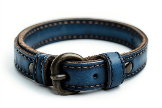The blue leather bracelet has a buckle and a leather strap. photo