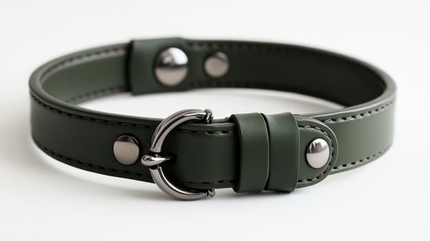 A green leather dog collar with metal rivets photo