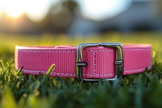 A pink dog collar with a silver buckle on the grass photo