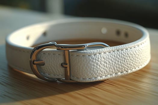 A white leather dog collar with a silver buckle photo