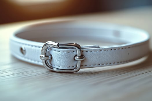 A white leather belt with a metal buckle photo