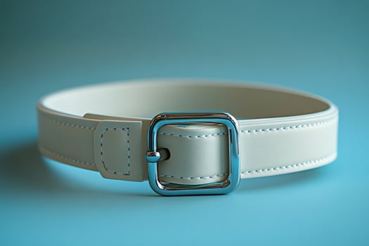 A white leather belt with a metal buckle. photo