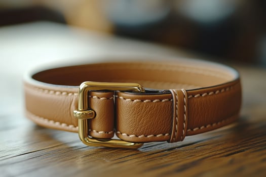 A tan leather dog collar with a gold buckle photo