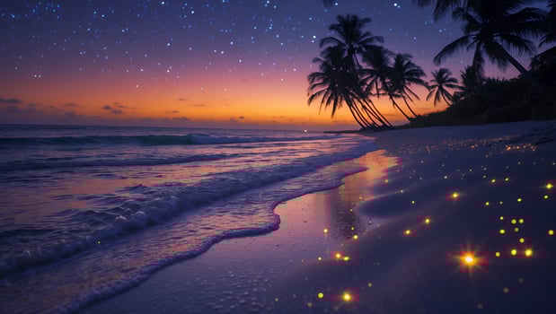 Tropical Beach Sunset with Palm Trees and Starry Sky Reflection photo