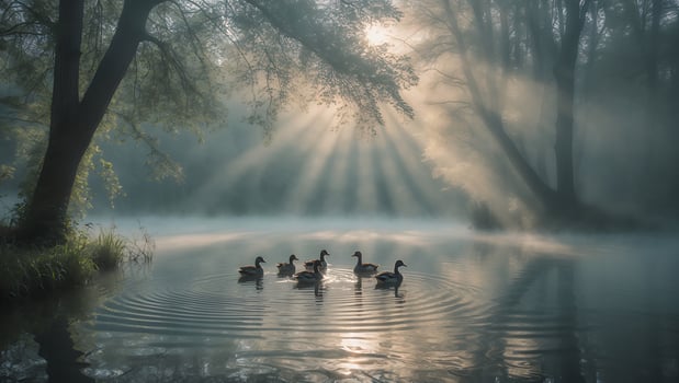 Ducks Swimming on Foggy Lake at Sunrise with Sun Rays photo