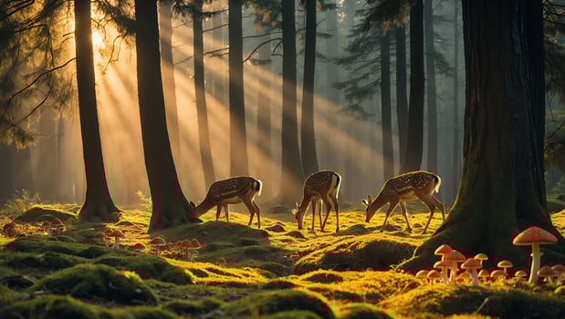 Deer Grazing in Forest with Sunbeams and Mushrooms on Mossy Ground photo