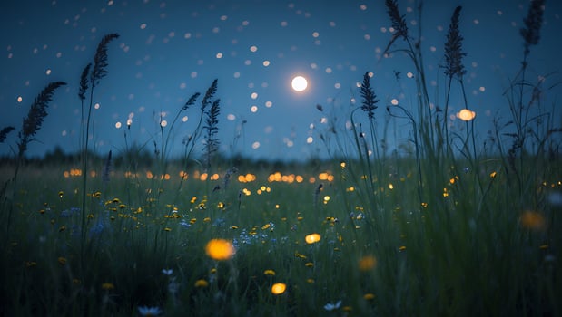 Night Meadow Twinkling Lights with Tall Grass and Distant Moon photo