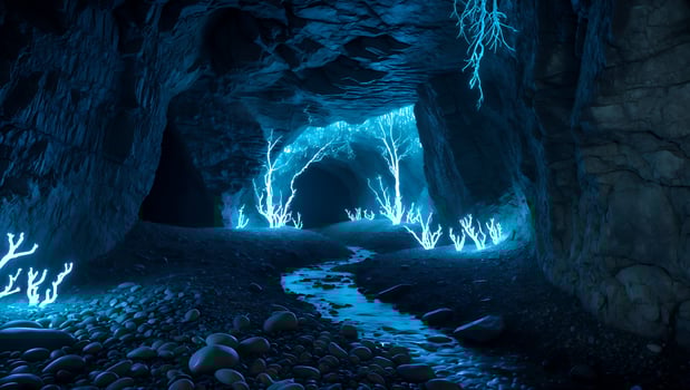 Cave Stream Illuminated with Bioluminescent Plants, Creating a Mystical Ambience photo