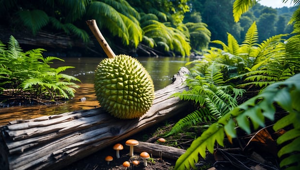 Durian Resting on Log by Water Surrounded by Ferns and Mushrooms photo
