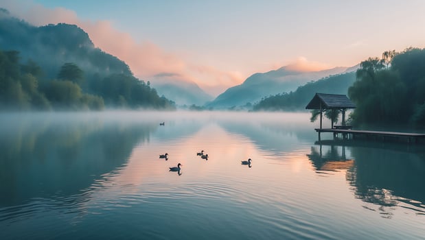 Ducks Swim on a Misty Lake with a Lakeside Structure View photo