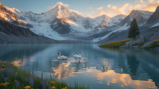 Swans Swimming on Alpine Lake Reflecting Mountains and Sky photo