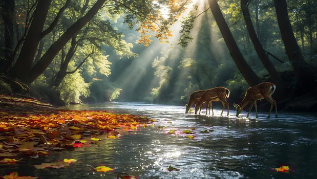 Deer Drinking Water in Forest River with Autumn Leaves and Sunlight photo
