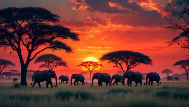 Elephants Walking Across Savanna at Sunset with Red Sky and Trees photo