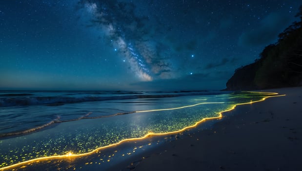 Glowing Beach at Night Under Milky Way Stars with Waves photo