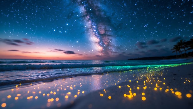 Beach at Night Glowing with Bio-luminescence Under Starry Sky photo