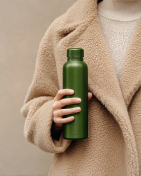Woman in Beige Coat Holding a Green Bottle Stylish and Sustainable Hydration for a Cozy Autumn Day. Eco Friendly Accessories and F photo