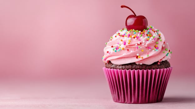 A delightful pink cupcake adorned with a bright cherry and colorful sprinkles, a perfect sweet treat for any celebration. This ima photo