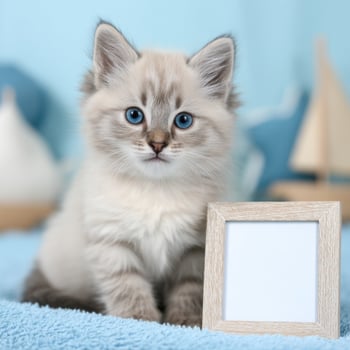 Adorable Fluffy Kitten with Blue Eyes Sitting Near a Blank Frame. Perfect for pet lovers and websites needing cute, heartwarming i photo