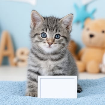 Adorable Gray Kitten with Blue Eyes Sitting on a Blue Blanket Holding a Blank Sign photo