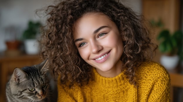 A heartwarming portrait of a young woman with curly hair, smiling gently while holding her adorable cat. The image exudes warmth, photo