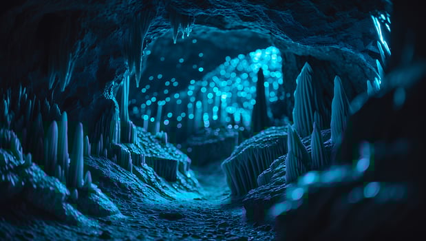 Exploring a Mystical Cave Illuminated with Glowing Blue Light photo