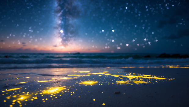 Glowing Beach Sand Under Starry Night Sky with Gentle Waves photo