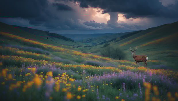Deer Standing in Wildflower Meadow Under Dramatic Cloudy Sky photo