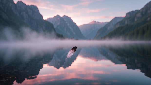 Floating Feather Reflecting in Mountain Lake Mist at Peaceful Sunset photo