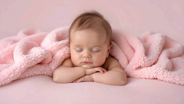 a baby sleeping on a pink blanket photo