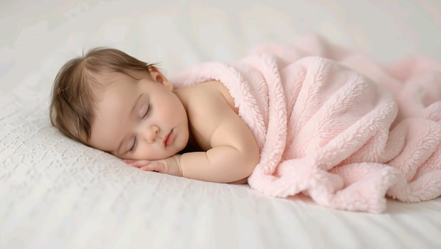 an baby sleeping on a white bed with pink blanket photo