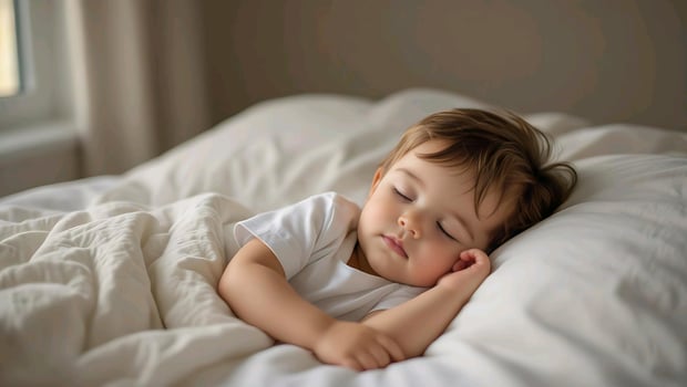 a young child sleeping on a bed photo