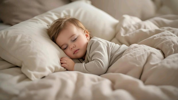 a baby sleeping in a bed with pillows photo