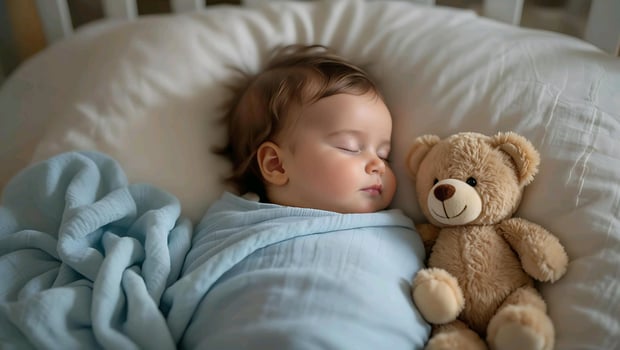 a baby sleeping with a teddy bear photo